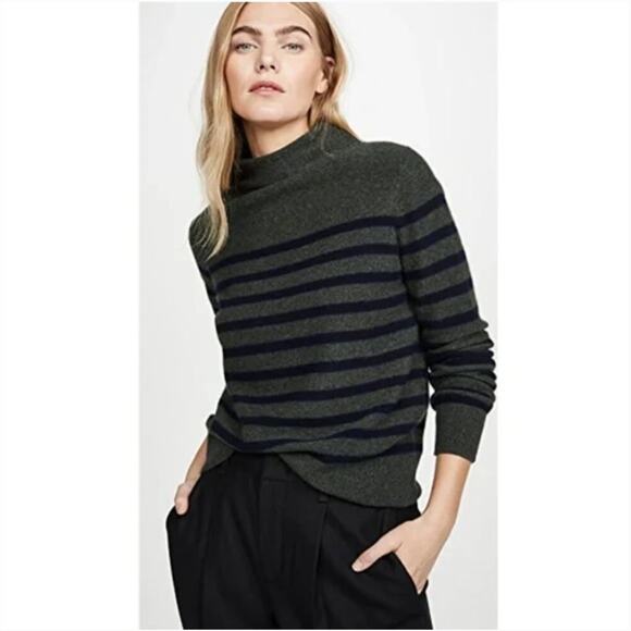 Vince Breton Stripe Turtleneck Cashmere Sweater In Heather Moss/ Coastal - Picture 1 of 12